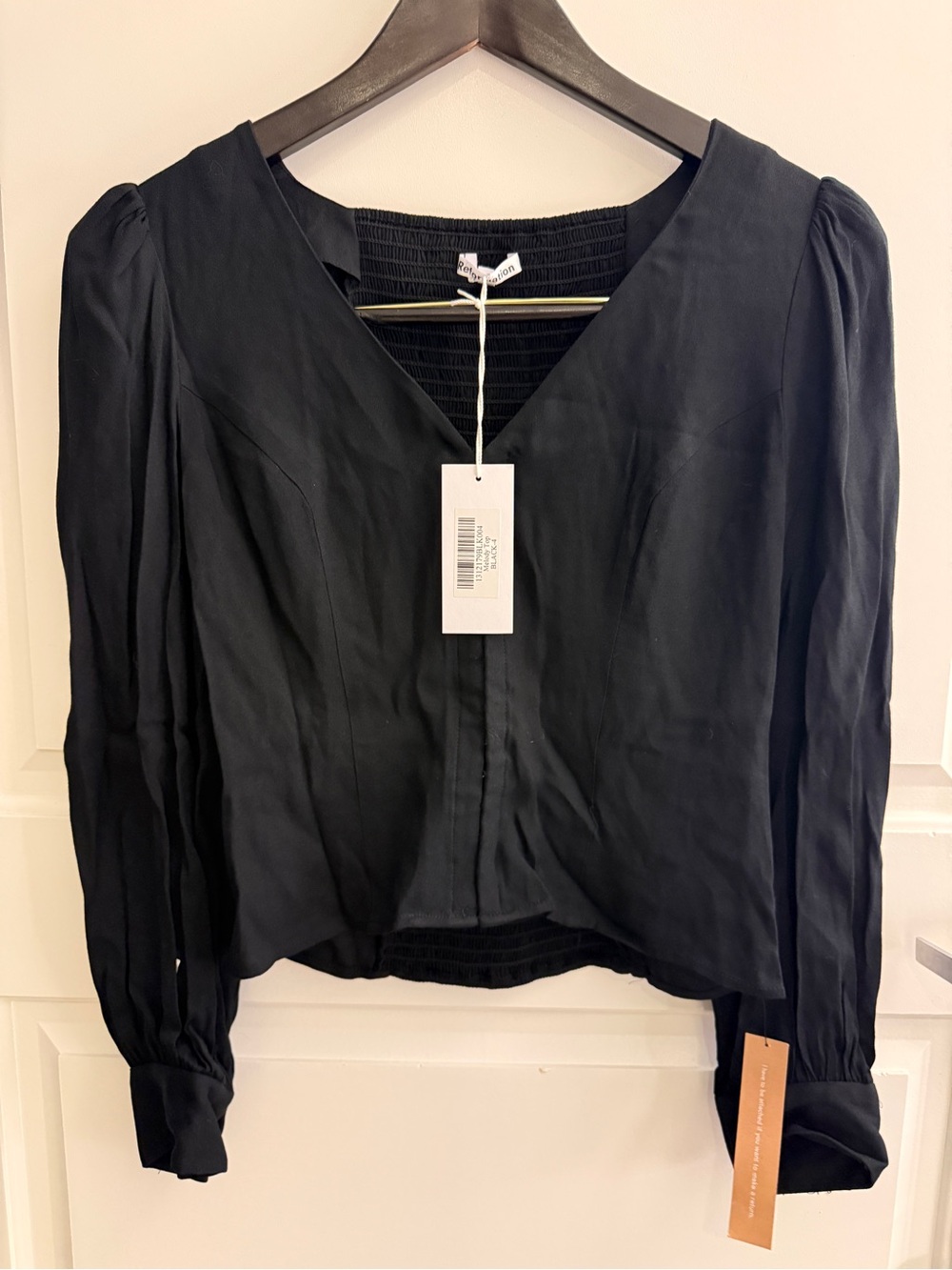 Reformation Black Puff Sleeve Smocked Back Crop Top Blouse Size 4 NWT